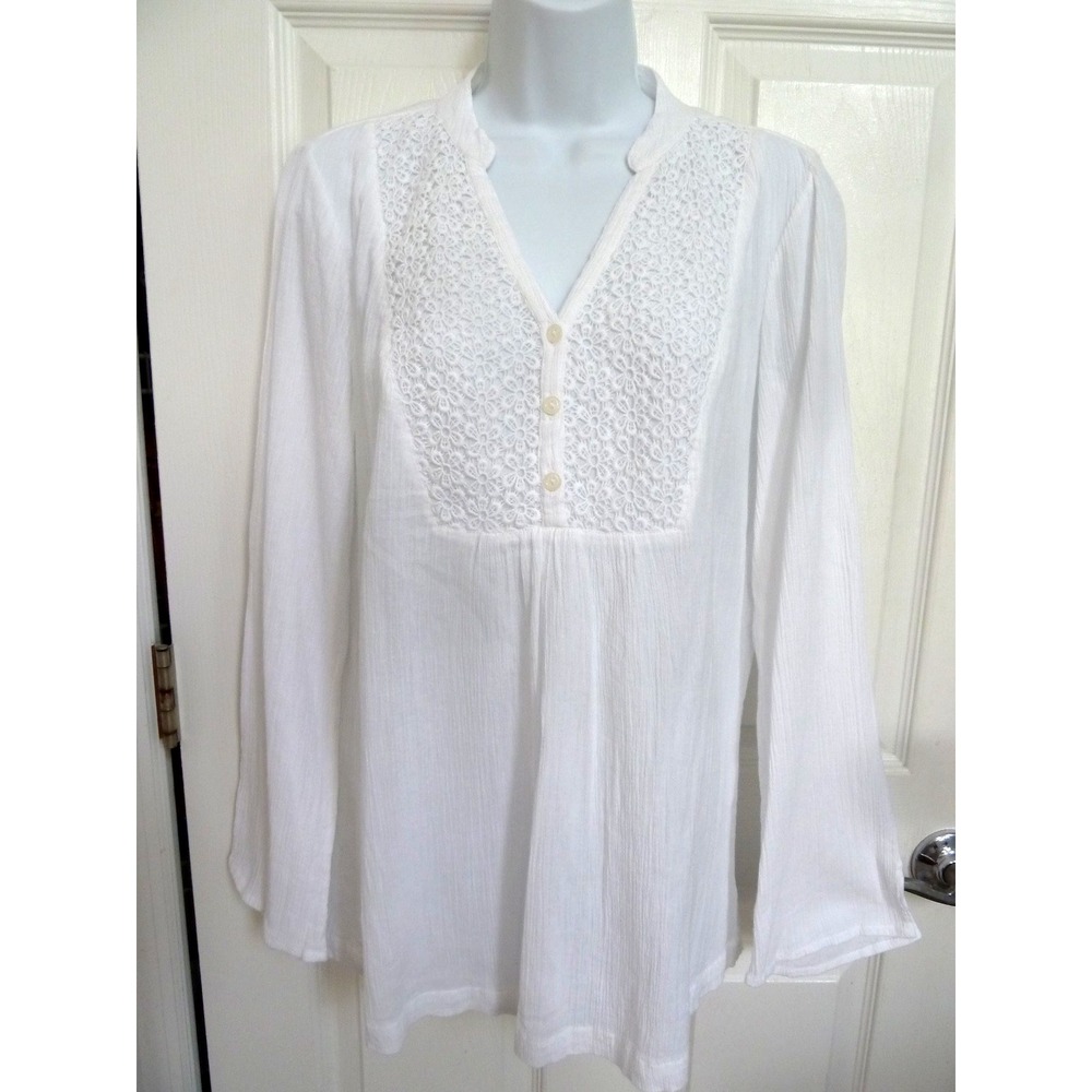 Lilly Pulitzer White Cotton Gauze Lace Daisy Long Sleeve V-Neck Blouse Small